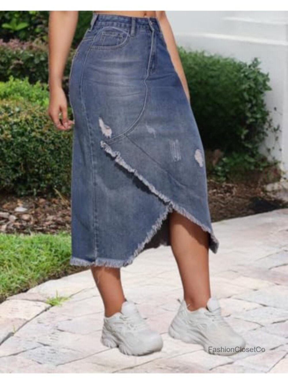 Women's Midi Jean Skirt Asymmetrical Raw Hem High Rise Stretch Denim Skirt - Picture 3 of 4
